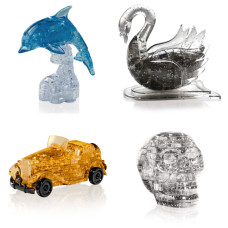 Набор из 4х штук в подарок. Crystal Puzzle антистресс Дельфин со светом, Лебедь, Машина, Череп