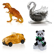 Игрушки 4 штуки на Новый год. Crystal Puzzle антистресс Динозавр, Лебедь, Машина, Панда