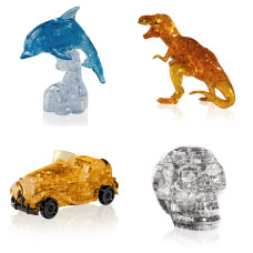 Набор 4 пазла подарочный. Crystal Puzzle для детей Дельфин со светом, Динозавр, Машина, Череп